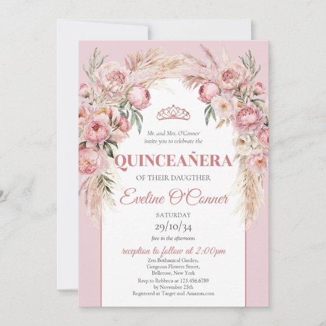 Rose gold flowers pampas grass boho Quinceañera Invitation (Front)