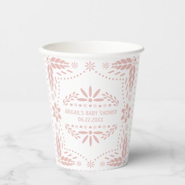 Rose gold flowers white papel picado baby shower paper cups (Front)