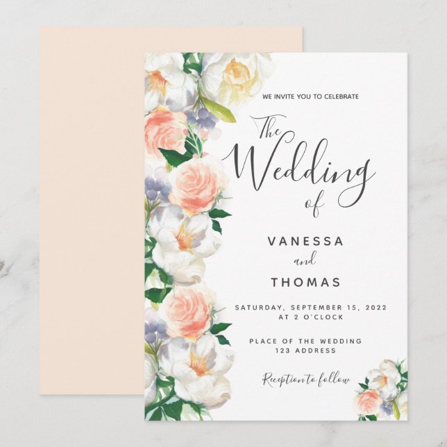 Rose gold flowers white script wedding invitation (Front/Back)