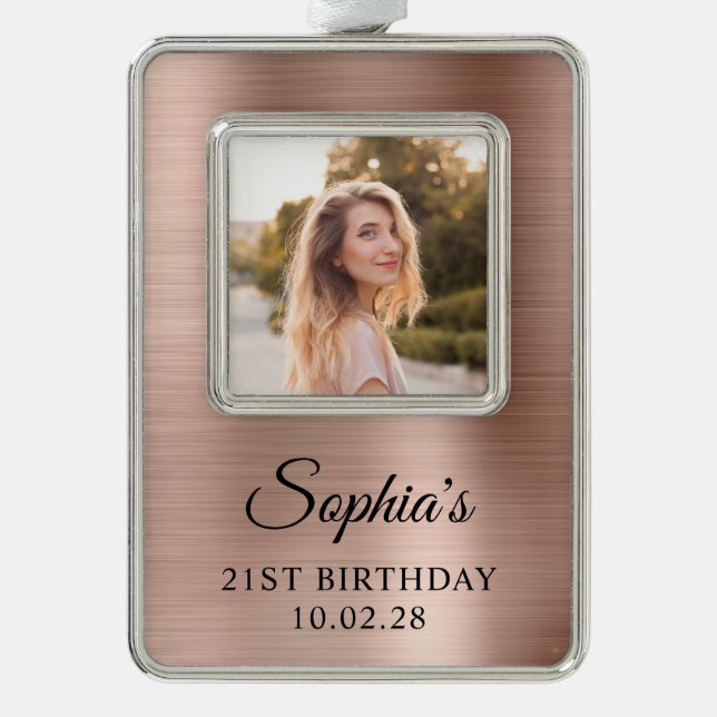 Rose Gold Foil 21st Birthday Photo Silver Plated Framed Ornament (Front)