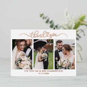 Rose Gold Foil 3 Photos Wedding Thank You Card