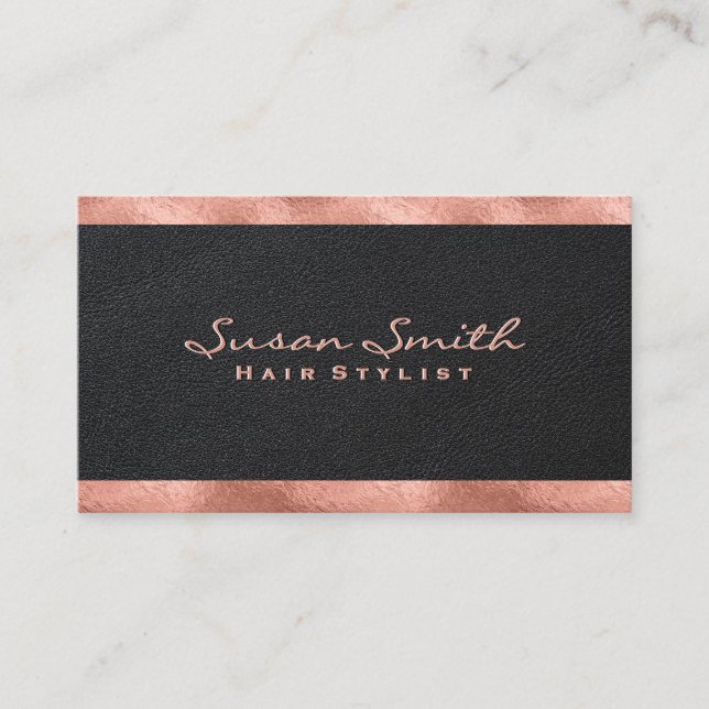 Rose Gold Foil Accent | Elegant Black Leather Business Card (Front)