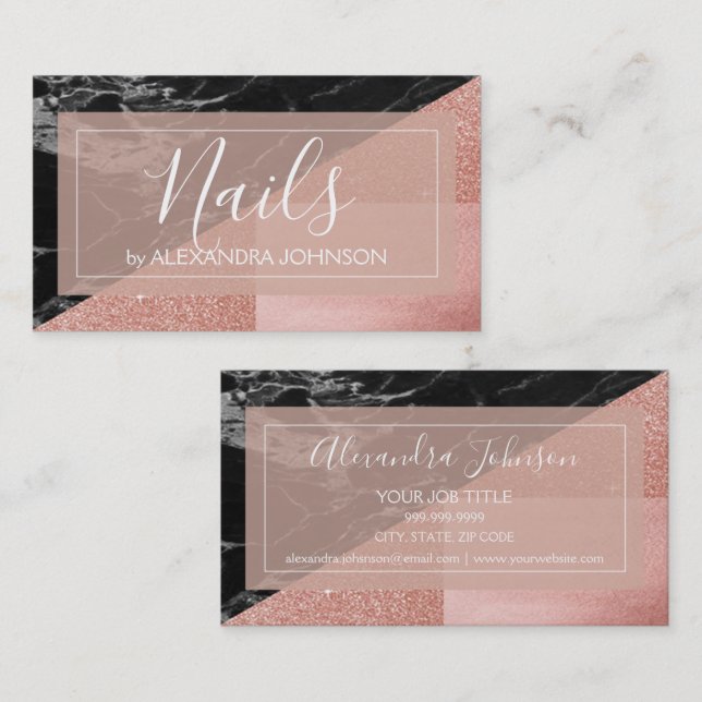 Rose Gold Foil and Black Marble Modern Nails Business Card (Front/Back)
