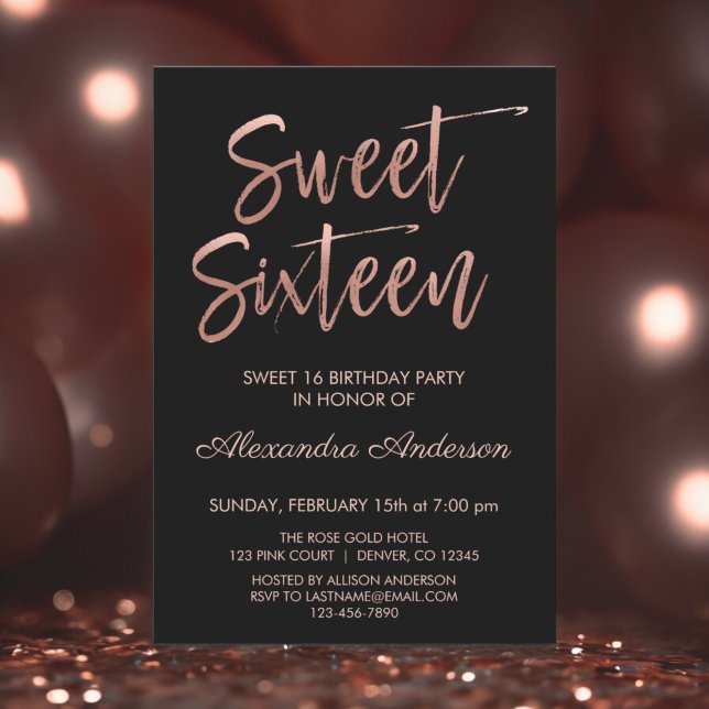 Rose Gold Foil and Black Sweet Sixteen Birthday Invitation (Creator Uploaded)