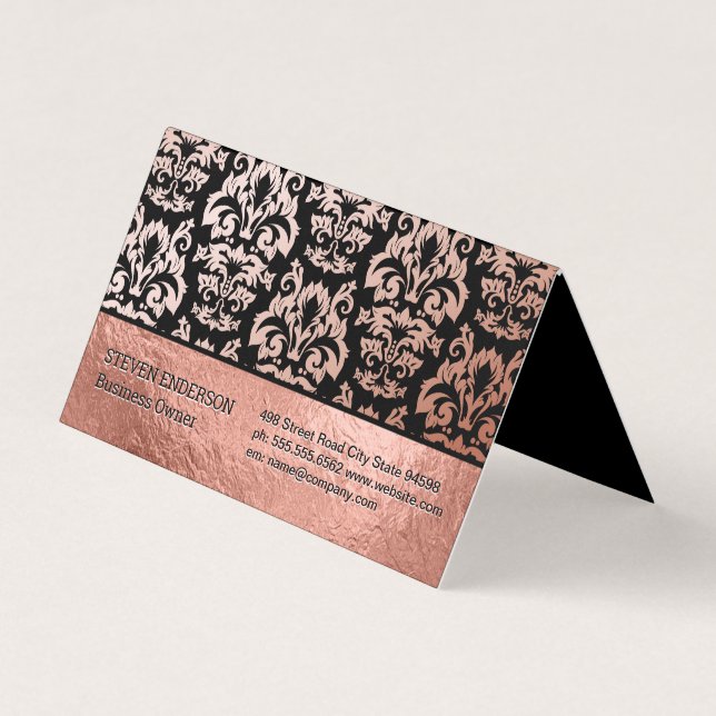 Rose Gold Foil and Damask Pattern Business Card (Front)