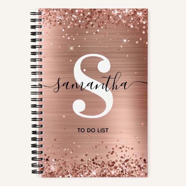 Rose Gold Foil and Glitter Monogram To Do List Notebook (Front)