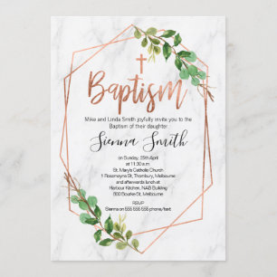 Rose gold foil and marble baptism invitation