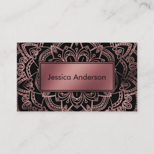 Rose Gold Foil Badge over Mandala and Black Business Card