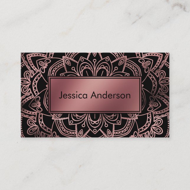 Rose Gold Foil Badge over Mandala and Black Business Card (Front)