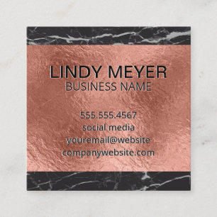 Rose Gold Foil   Black Marble Square Business Card