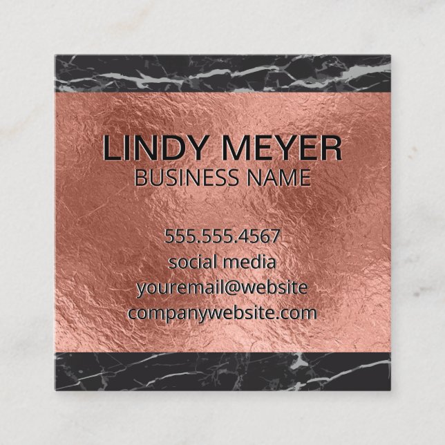 Rose Gold Foil | Black Marble Square Business Card (Front)