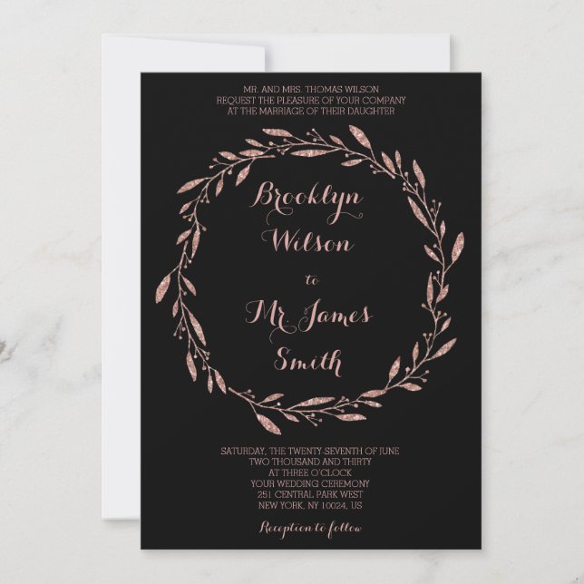 Rose Gold Foil Black Wedding Invitation Wreath (Front)
