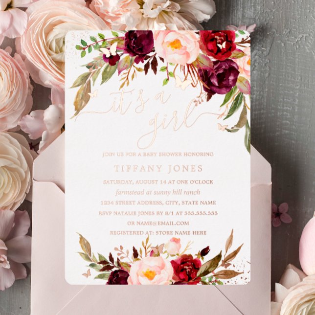 ROSE GOLD FOIL Blush Burgundy Floral Baby Shower  (Creator Uploaded)