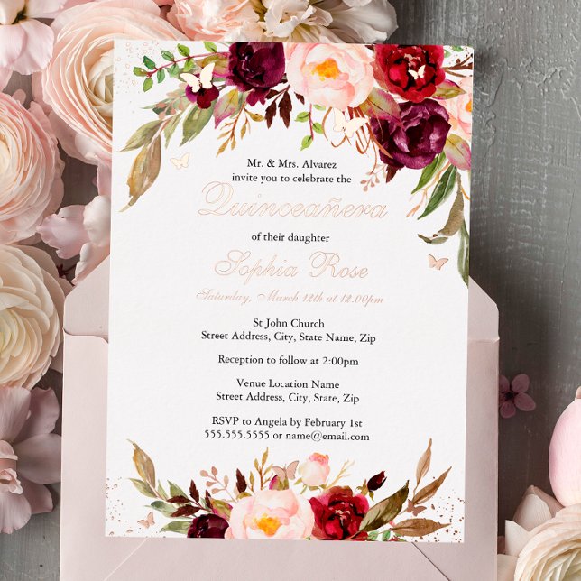 Rose Gold FOIL Blush Burgundy Floral Quinceanera (Creator Uploaded)