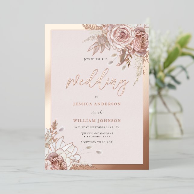 Rose Gold Foil Blush Floral With Border Wedding (Standing Front)