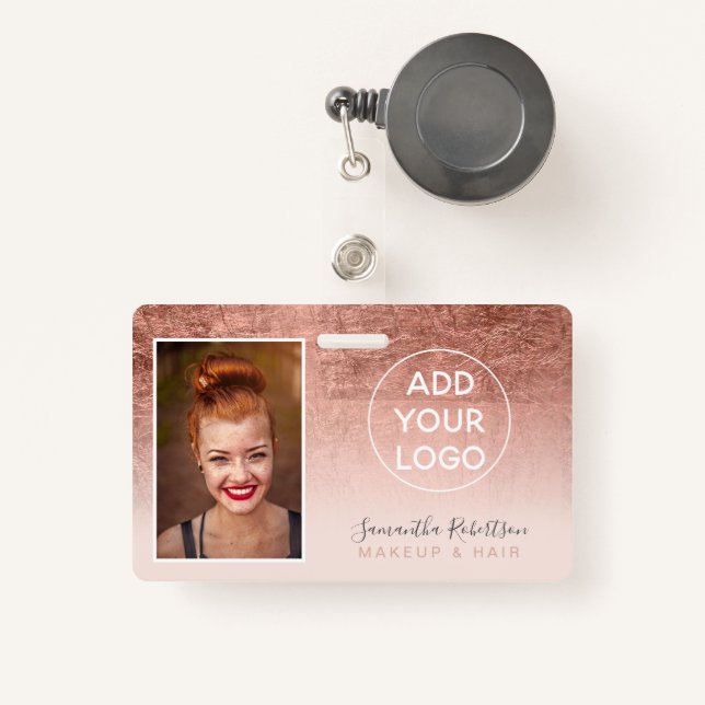 Rose gold foil blush logo employee photo pass ID badge (Front with Retractable)