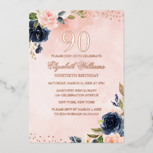 ROSE GOLD FOIL Blush Navy Floral 90th Birthday