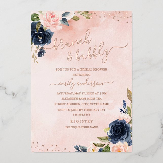 ROSE GOLD FOIL Blush Navy Floral Brunch And Bubbly (Front)