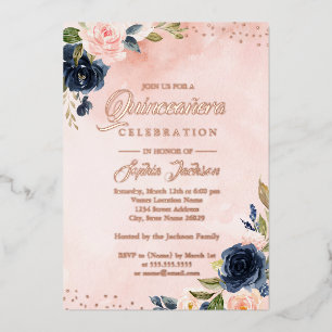 ROSE GOLD FOIL Blush Navy Floral Tiara Quinceanera