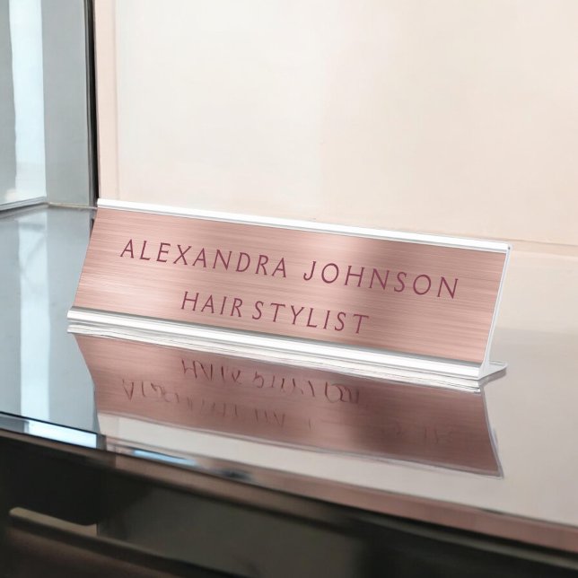 Rose Gold Foil | Blush Pink Burgundy Modern Desk Name Plate (Creator Uploaded)