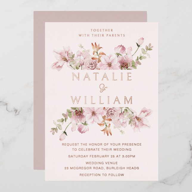 Rose Gold Foil & Blush Pink Floral Wedding (Front/Back)