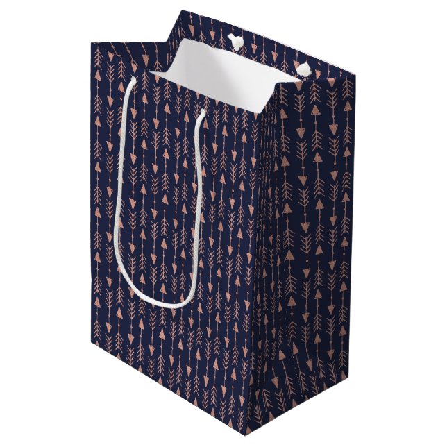 Rose Gold Foil Boho Tribal Arrows on Navy Blue Medium Gift Bag (Front Angled)