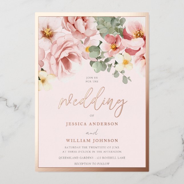 Rose Gold Foil Border Dusty Rose Floral Wedding (Front)