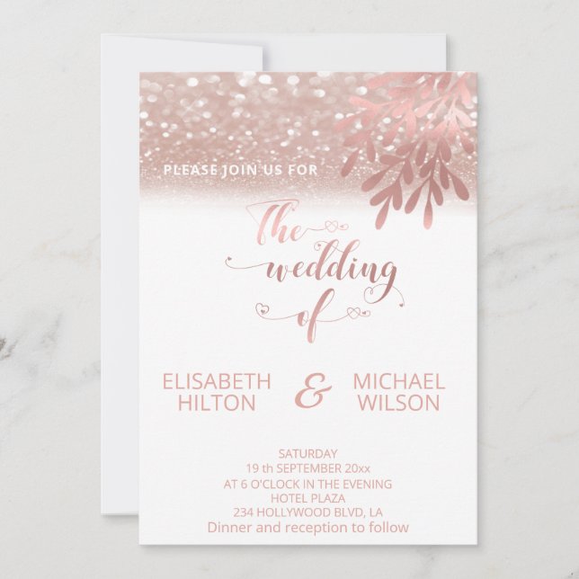 Rose gold foil botanical glittery calligraphy invitation (Front)