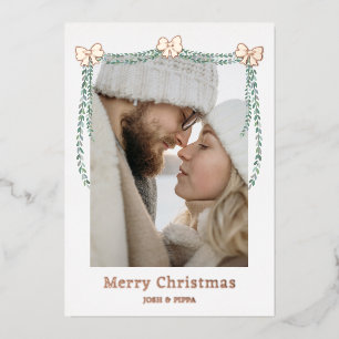 Rose Gold Foil Bow Garland Merry Christmas Photo Foil Holiday Card