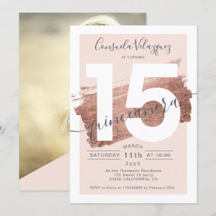 Rose gold foil brushstroke blush quinceanera photo invitation