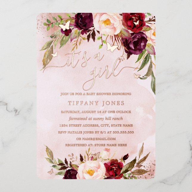 ROSE GOLD FOIL Burgundy Blush Floral Baby Shower  (Front)