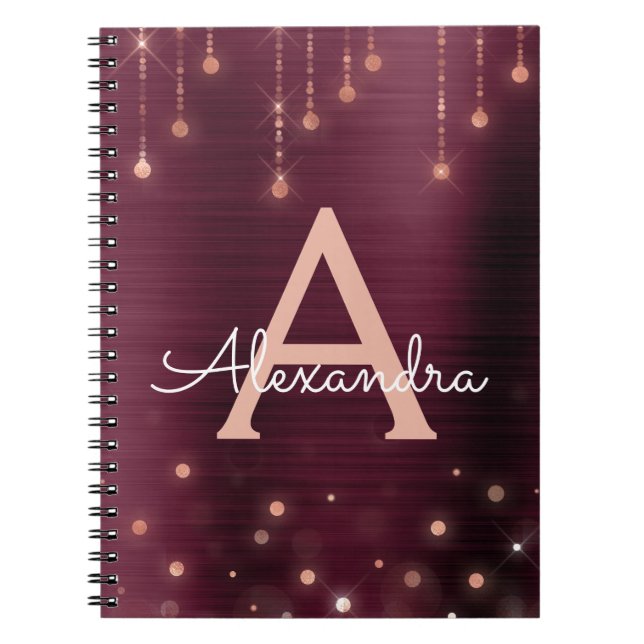 Rose Gold - Foil Burgundy Sparkle Monogram Notebook (Front)