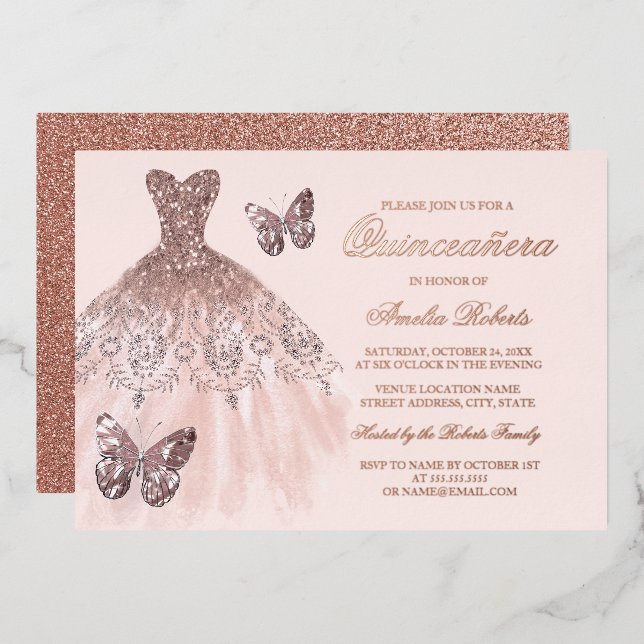 ROSE GOLD FOIL Butterfly Dress Quinceanera  (Front/Back)