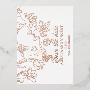 Rose gold foil calligraphy save the date card