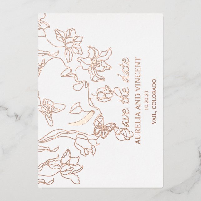 Rose gold foil calligraphy save the date card (Front)