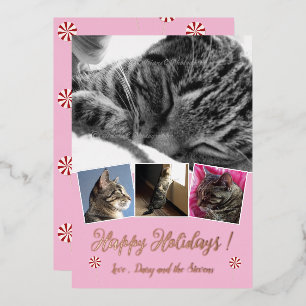 Rose Gold Foil Cat Photo Collage Pink Holiday Card