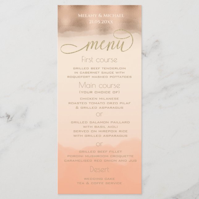 Rose gold foil champagne cantaloupe watercolor menu (Front)