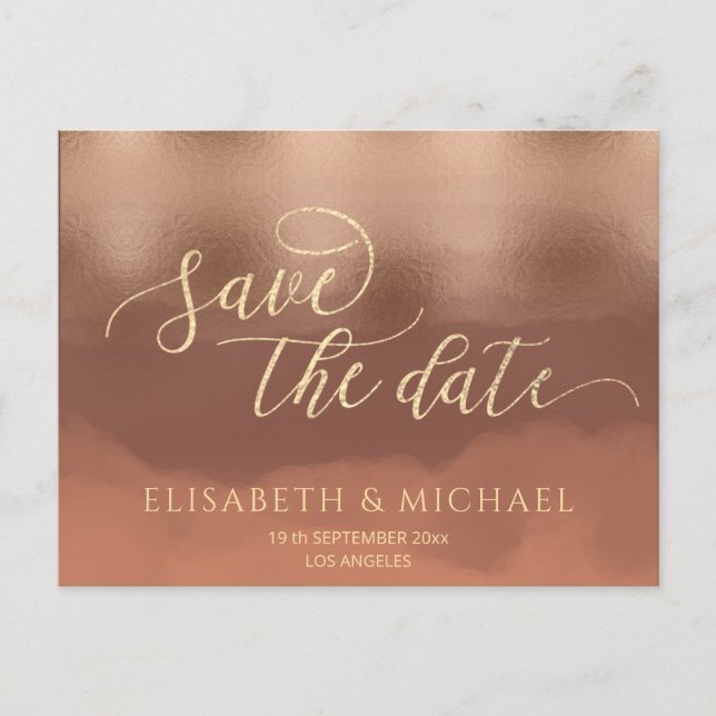Rose gold foil cinnamon cantaloupe watercolor  announcement postcard (Front)