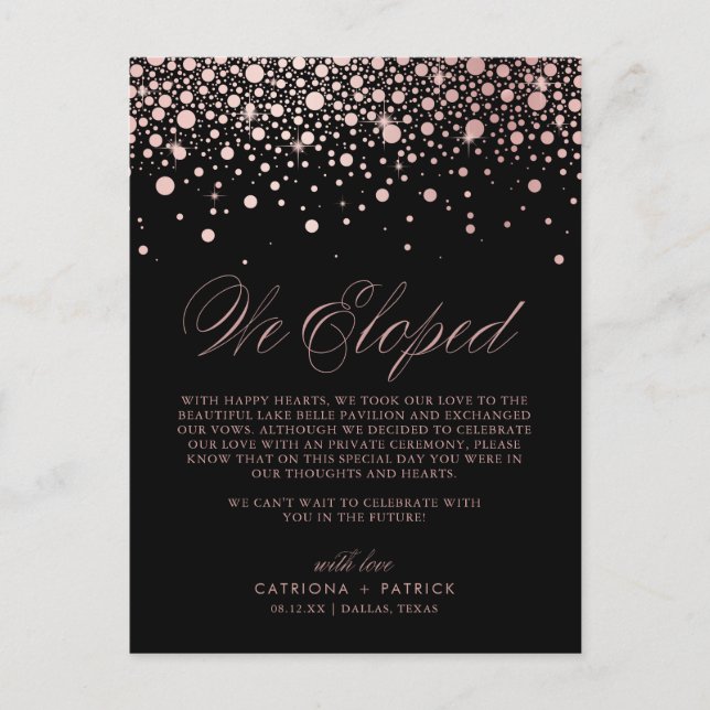 Rose Gold Foil Confetti Black Wedding Elopement Announcement Postcard (Front)