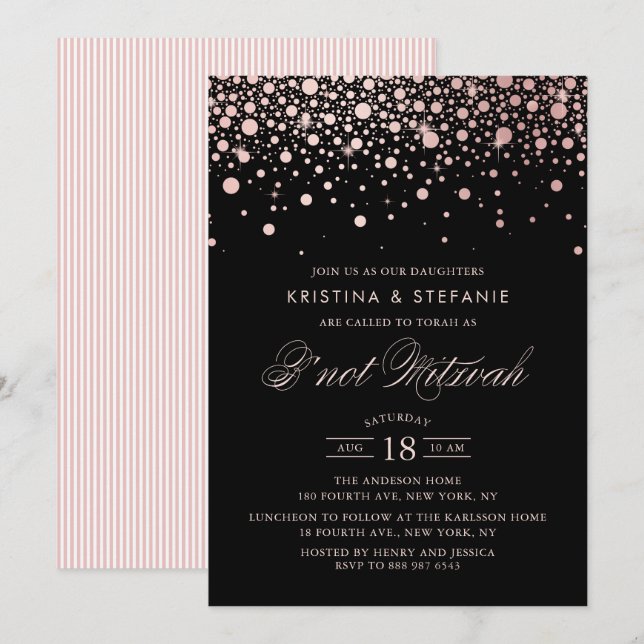 Rose Gold Foil Confetti Dots Black B'not Mitzvah Invitation (Front/Back)