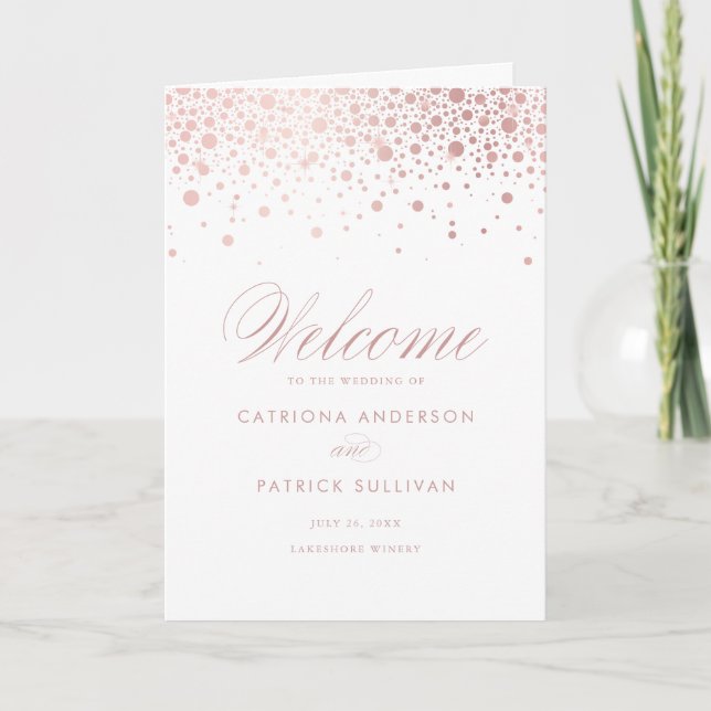 Rose Gold Foil Confetti Dots White Wedding Booklet Programme (Front)