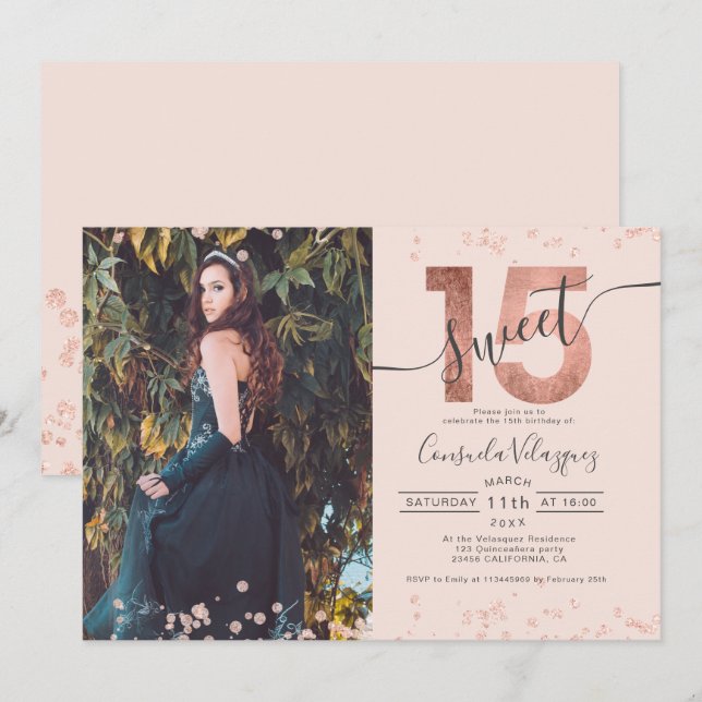 Rose gold foil confetti photo blush Quinceanera Invitation (Front/Back)