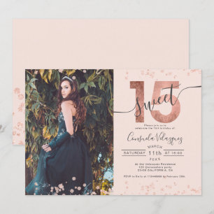 Rose gold foil confetti photo blush Quinceanera Invitation