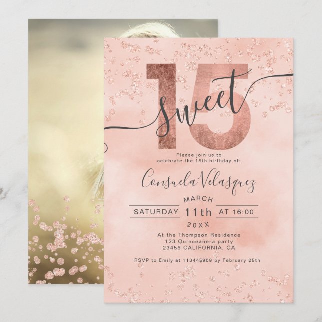 Rose gold foil confetti pink Quinceanera photo Invitation (Front/Back)