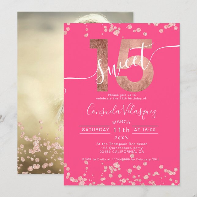 Rose gold foil confetti pink Quinceanera photo Invitation (Front/Back)