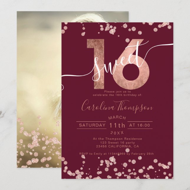 Rose gold foil confetti red Sweet 16 photo Invitation (Front/Back)