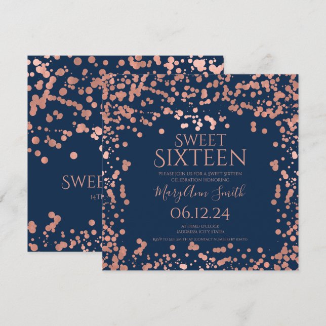 Rose Gold Foil Confetti Sweet 16th Invite Navy  (Front/Back)