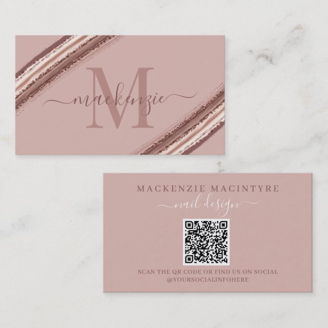 Rose Gold Foil Copper Brush Monogram QR Code Business Card (Front/Back)