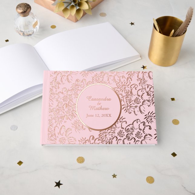Rose Gold Foil Daisies Floral Light Pink Wedding Guest Book (Front Open)
