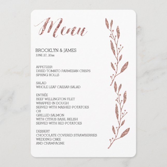 Rose Gold Foil Effect Wedding Menu Floral (Front)